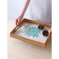 ถาดหวายแต่งโมเสก ถาดสปา ถาดอาหาร ทรงเหลี่ยม พร็อพถ่ายรูป Rattanly Mosaic Tray💚