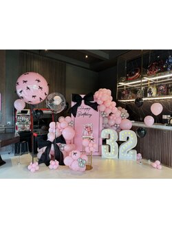 แบล็คดรอปวันเกิด โทนสีชมพู + ลูกโป่งติดโบว์ขนาด 36นิ้ว 1ใบ + ลูกโป่งใสขนาด 24นิ้ว 1ใบ + ลูกโป่งอย่างล่ะตุ้ม 10ใบ + ตัวเลขไฟ 2ตัว(แบบเช่า)