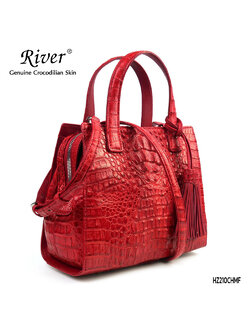 กระเป๋าถือหนังจระเข้แท้ ส่วนโหนก สีแดง ใบใหญ่