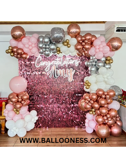 เซทแบลคดรอปฉากวิ้งแสดงความยินดี โทนโรสโกล ขาว ชมพู เงิน