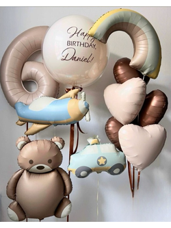 เซทลูกโป่งวันเกิดเด็ก ขนาด 24นิ้ว 1ใบ + ช่อลูกโป่งหัวใจ ขนาด18นิ้ว 5ใบ + ลูกโป่งฟอยล์สายรุ้ง 1ใบรวมในช่อ + ลูกโป่งฟอยลืเครื่องบิน 1ใบ + ลูกโป่งฟอยล์หมี 1ตัว +ลูกโป่งฟอยล์ตัวเลข ขนาด 40นิ้ว 1ตัว +ลูกโป่งฟอยล์รถตำรวจ 1คัน