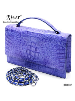 กระเป๋าถือหนังจระเข้แท้ ส่วนโหนก พร้อมสายสะพาย สีน้ำเงิน