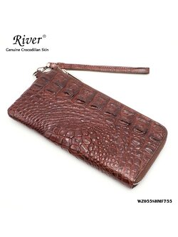 กระเป๋าสตางค์หนังจระเข้แท้ ส่วนกระดูก สีน้ำตาล ซิปยาว