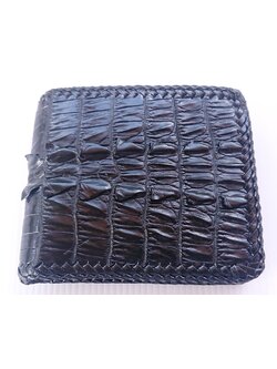 กระเป๋าสตางค์หนังจระเข้แท้ ส่วนหาง สีดำ ถักขอบ