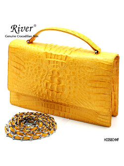 กระเป๋าถือหนังจระเข้แท้ ส่วนโหนก พร้อมสายสะพาย สีเหลือง