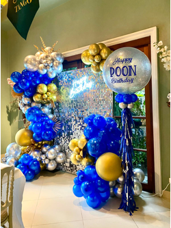 เซทลูกโป่งแบลคดรอป โทนสีน้ำเงิน ทอง แซมเงิน + ลูกโป่งขนาด36นิ้ว 1ใบ พร้อมสกีนข้อความ