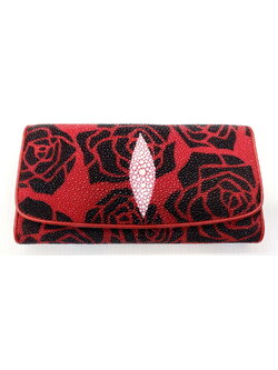 กระเป๋าสตางค์หนังปลากระเบนแท้ 3พับยาว พิมลาย ดอกไม้