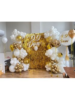 เซทแบล็คดรอปลูกโป่งฉากวิ้ง โทนสี ทอง ขาว + ลูกโป่งข้อความขนาด 36นิ้ว 1ใบ + ลูกโป่งอย่างล่ะตุ้ม 8ใบ + ลูกโป่งหัวใจขนาด 18นิ้ว 2ใบ