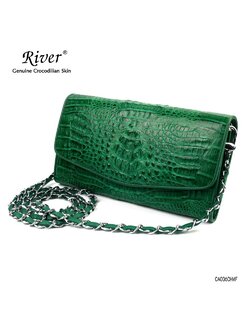 กระเป๋าหนังจระเข้แท้ สะพายข้าง ส่วนโหนก สีเขียว