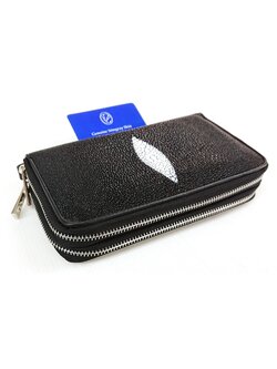 กระเป๋าสตางค์หนังปลากระเบนแท้ สีดำ ซิปรอบคู่