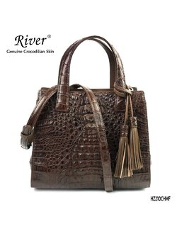 กระเป๋าถือหนังจระเข้แท้ ส่วนโหนก สีน้ำตาล ใบใหญ่