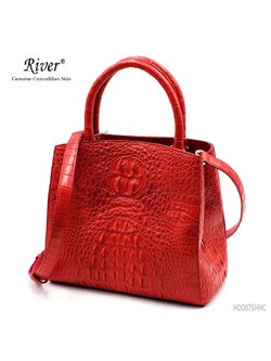 กระเป๋าถือหนังจระเข้แท้ ส่วนโหนก สีแดง พร้อมสายสะพาย