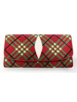 กระเป๋าสตางค์หนังปลากระเบนแท้ 3พับยาว พิมลาย หมากรุก