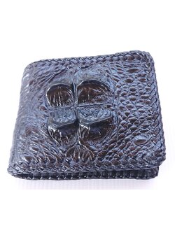 กระเป๋าสตางค์หนังจระเข้แท้ ส่วนโหนก สีดำ ถักขอบ