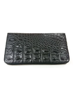 กระเป๋าสตางค์หนังจระเข้แท้ ส่วนกระดูก สีดำ ซิปเดี่ยว