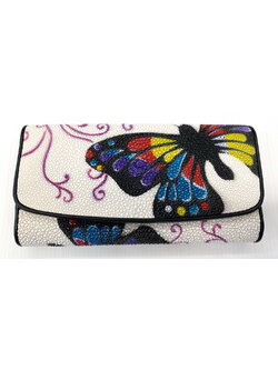 กระเป๋าสตางค์หนังปลากระเบนแท้ 3พับยาว พิมลาย ผีเสื้อ