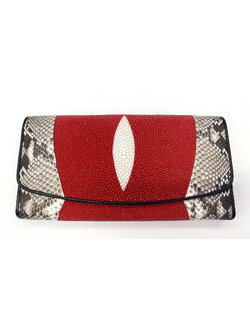 กระเป๋าสตางค์หนังปลากระเบนแท้+หนังงูแท้ 3พับยาว สีแดง