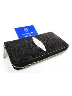 กระเป๋าสตางค์หนังปลากระเบนแท้ สีดำ ซิปรอบเดี่ยว