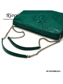 กระเป๋าถือหนังจระเข้แท้ ส่วนโหนก สีเขียว