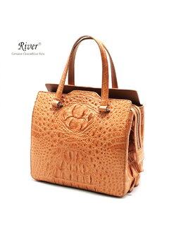 กระเป๋าถือหนังจระเข้แท้ ส่วนกระดูก สีเนยถั่ว