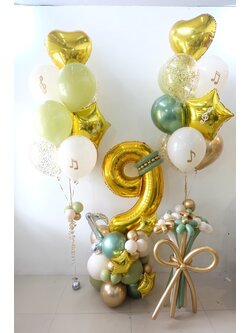 เซทลูกโป่งฐานตั้งตัวเลข 1ฐาน + ช่อลูกโป่งดาว หัวใจ 10ลูก 2ช่อ + ช่อลูกโป่งดอกไม้ 7ดอก 1ช่อ โทนสี เขียว แซน ทอง