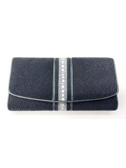 กระเป๋าสตางค์หนังปลากระเบนแท้ 3พับยาว ปลากระเบนหนาม สีเทา