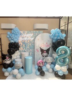 เซทแบลคดรอปวันเกิด โทนสีฟ้าดำ + ฐานตั้งตัวการ์ตูน 4ฐาน + ฐานตั้งลูกโป่งตัวเลข 1ฐาน