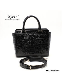 กระเป๋าถือหนังจระเข้แท้ ส่วนโหนก สีดำ พร้อมสายสะพาย