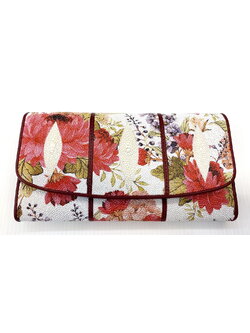 กระเป๋าสตางค์หนังปลากระเบนแท้ 3พับยาว พิมลาย ดอกไม้