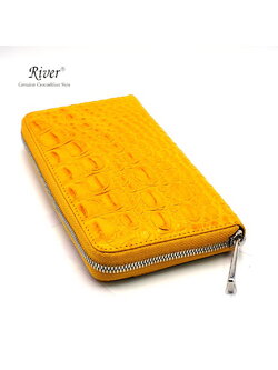 กระเป๋าสตางค์หนังจระเข้แท้ ส่วนกระดูก สีเหลือง ซิปเดี่ยว