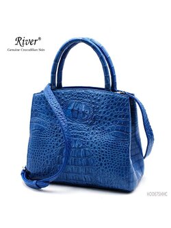 กระเป๋าถือหนังจระเข้แท้ ส่วนโหนก สีฟ้า พร้อมสายสะพาย