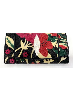 กระเป๋าสตางค์หนังปลากระเบนแท้ 3พับยาว พิมลาย ดอกไม้