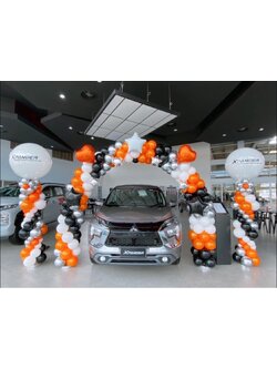 ซุ้มโค้งลูกโป่ง + เสาตั้งลูกโป่งขนาด36นิ้ว 2เสา โทนสีส้มขาวดำ