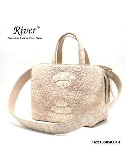 กระเป๋าถือหนังจระเข้แท้ ส่วนโหนก สีขาวครีม