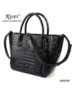 กระเป๋าถือหนังจระเข้แท้ ส่วนโหนก สีดำ ใบใหญ่