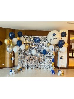 แบล็คดรอปฉากวิ้งสีเงิน + ลูกโป่งข้อความ ขนาด36นิ้ว 1ใบ + ช่อลูกโป่ง 5ลูก 4ช่อ + ลูกโป่งอย่างล่ะตุ้ม 10 ใบ