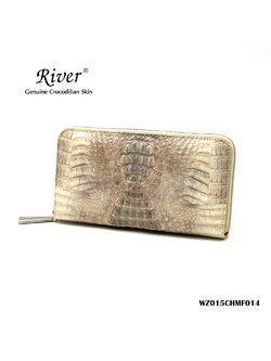 กระเป๋าสตางค์หนังจระเข้แท้ ส่วนโหนก สีครีม ซิปเดี่ยว
