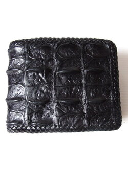 กระเป๋าสตางค์หนังจระเข้แท้ ส่วนกระดูก สีดำ ถักขอบ