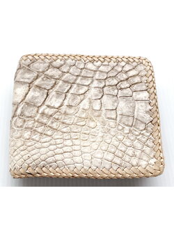 กระเป๋าสตางค์หนังจระเข้แท้ ส่วนท้อง สีขาว ถักขอบ