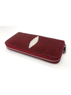 กระเป๋าสตางค์หนังปลากระเบนแท้ สีเลือดหมู ซิปรอบเดี่ยว
