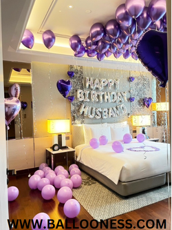 เซทลูกโป่งแต่งห้องนอน ฟอยล์ตัวอักษร 20ตัว + ลูกโป่งปล่อยลอย 100ใบ + ลูกโป่งวางพื้น 40ใบ + ลูกโป่งฟอยล์หัวใจอย่างล่ะตุ้ม 20ใบ + กระดาษโปรยบนที่นอนรูปหัวใจ โทนสีม่วง