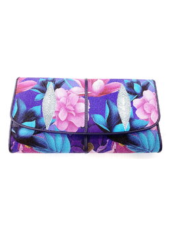 กระเป๋าสตางค์หนังปลากระเบนแท้ 3พับยาว พิมลาย ดอกไม้