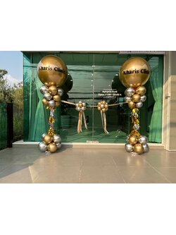 เสาตั้งลูกโป่งเปิดคลินิกใหม่ โทนสีทอง พร้อมที่ตัดริบบิ้น