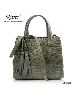 กระเป๋าถือหนังจระเข้แท้ ส่วนโหนก สีเทา ใบใหญ่