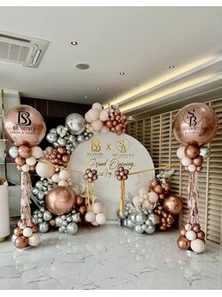 เซทแบล็คดรอปกลมเปิดร้านใหม่ + เสาตั้งลูกโป่งขนาด 36นิ้ว 2เสา พร้อมที่ตัดริบบิ้น โทนสี โรสโกล แซน เงิน