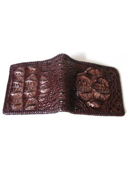 กระเป๋าสตางค์หนังจระเข้แท้ ส่วนโหนก สีน้ำตาล ถักขอบ