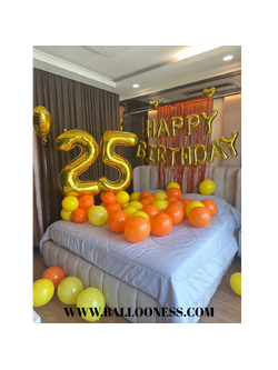 เซทลูกโป่งโรงแรม จัดวันเกิด ลูกโป่งวางพื้น 20ใบ + ม่าน 1ชิ้น + ฐานตั้งตัวเลข ขนาด 40นิ้ว 2ฐาน + ลูกโป่งฟอยล์ตัวอักษร ขนาด 14นิ้ว 13ตัว + ลูกโป่งฟอยล์หัวใจลอย ขนาด 18นิ้ว 1ใบ โทนสีเหลือง ส้ม
