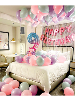 เซทลูกโป่งวันเกิดจัดในห้องนอน ลูกโป่งฟอยล์ตัวอักษร + ลูกโป่งปล่อยลอย 30ใบ + ลูกโป่งวางพื้น 30ใบ + ฐานลูกโป่งตัวเลข 1ตัว