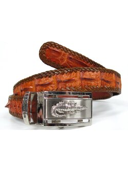 เข็มขัดหนังจระเข้แท้ ส่วนกระดูก สีน้ำตาลแทน ถักขอบ