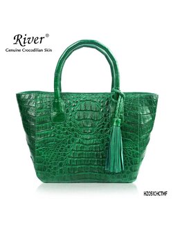 กระเป๋าถือหนังจระเข้แท้ ส่วนโหนก สีเขียน ใบใหญ่
